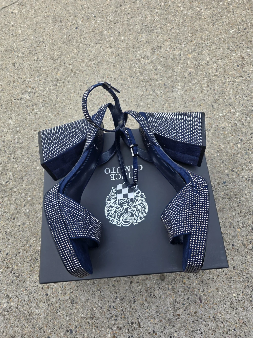 Vince Camuto Navy Embellished Block Heel Sandals Women 8.5